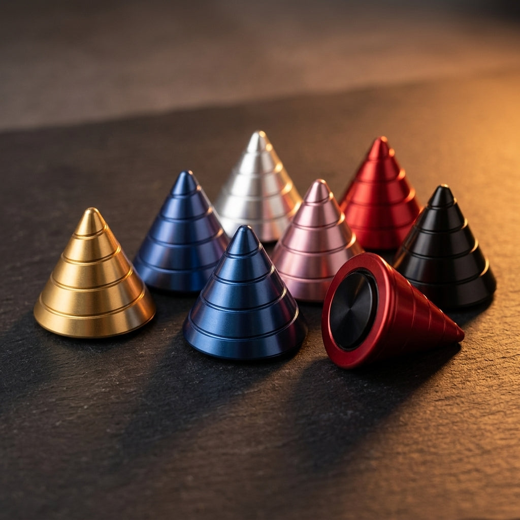 Apex Desktop Kinetic Cone | Premium Machined Aluminum Spinning Top - Lifestyle View