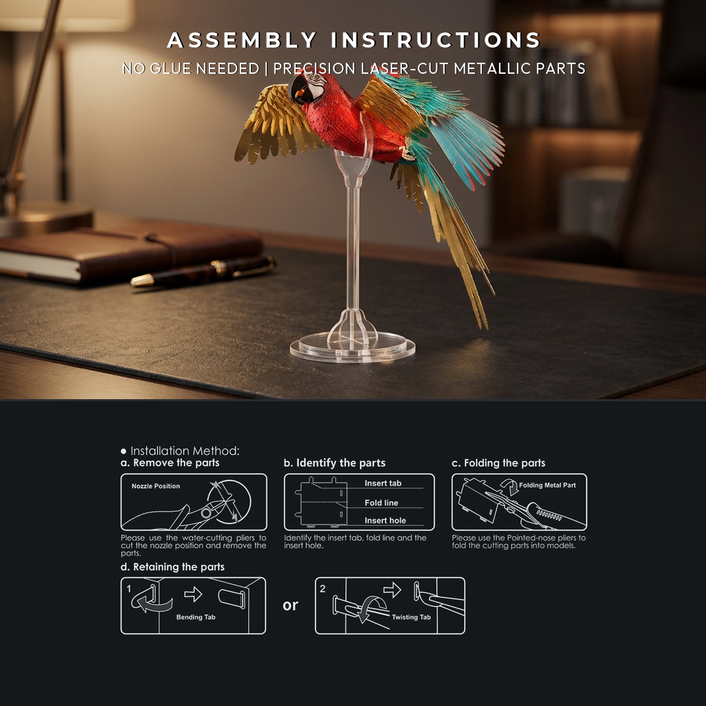 Apex Scarlet Macaw | Premium 3D Stainless Steel Sculpture Puzzle - Assembly View